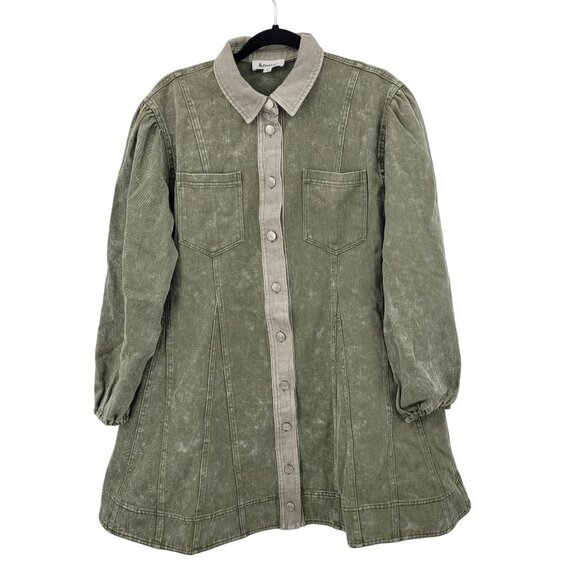 Army Green Washed Denim Button Front Mini Dress Sz S Puff Military Gorpcore - Picture 2 of 15